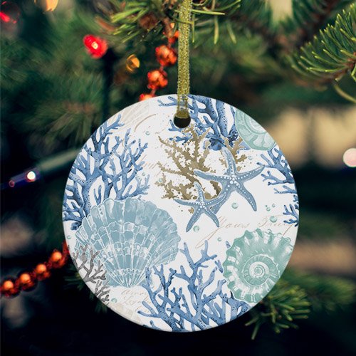 Blue Teal Coastal Ceramic Ornaments, Summer Beach Nautical Coral Starfish Round Porcelain Hanging Ornaments with Gold String, Xmas Decorations Keepsake Gifts for Holiday Home Party 3''