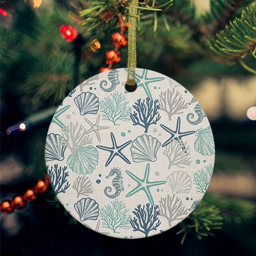 Blue Teal Coastal Ceramic Ornaments, Summer Beach Starfish Coral Nautical Rustic Round Porcelain Hanging Ornaments with Gold String, Xmas Decorations Keepsake Gifts for Holiday Home Party 3''