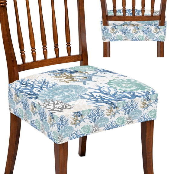 Blue Teal Coastal Dining Chair Seat Covers Set of 2, Stretch Chair Seat Cushion Covers, Summer Beach Nautical Coral Starfish Removable Slipcovers Protector No Rear Cover for Dining Room Kitchen