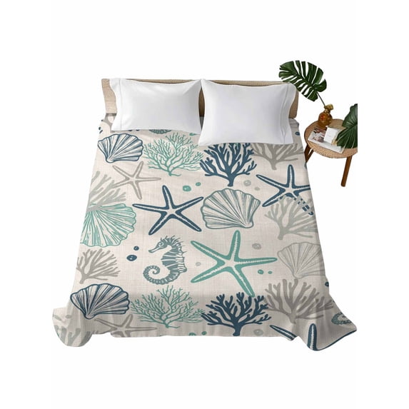 Blue Teal Coastal Flat Sheet Only Twin Size, Soft Breathable Bed Top Sheets for Mattress, Summer Beach Starfish Coral Nautical Rustic Luxury Bedding Flat Sheets for Home Hotel Bedroom Bed Protection