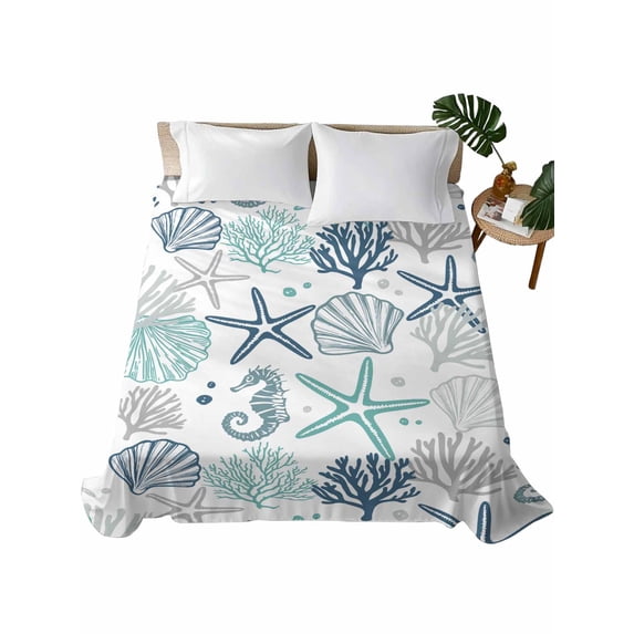 Blue Teal Coastal Flat Sheets Only Queen Size, Soft Breathable Bed Top Sheets for Mattress, Summer Beach Starfish Coral Nautical Luxury Bedding Flat Sheets for Home Hotel Bedroom Bed Protection