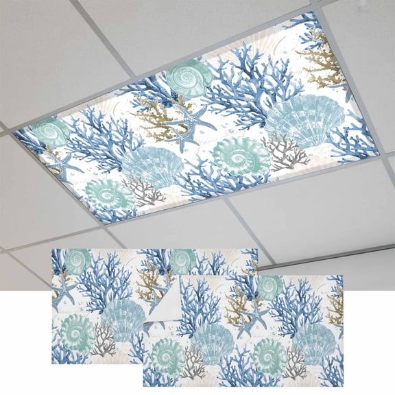 Blue Teal Coastal Fluorescent Light Covers, Summer Beach Nautical Coral Starfish Magnetic Light Covers for Ceiling Lights, Fluorescent Ceiling Shade Filters for Classroom Bedroom Office 4x2Ft x 2PCS
