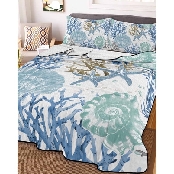 Blue Teal Coastal King Size Down Alternative Comforter, Lightweight Comforter Quilt Bedding Set with Pillow Shams Summer Beach Nautical Coral Starfish All Seasons Bed Comforter Duvet Insert 96"x106"