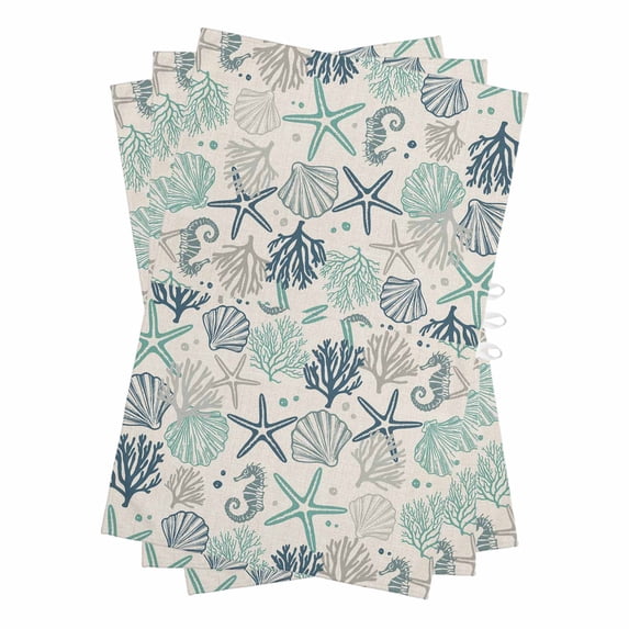 Blue Teal Coastal Kitchen Towels Set of 3, Water Absorbent Dish Towel, Summer Beach Starfish Coral Nautical Rustic Decorative Hand Towels - Quick Drying Cloth for Cooking Baking, 18x28 Inch