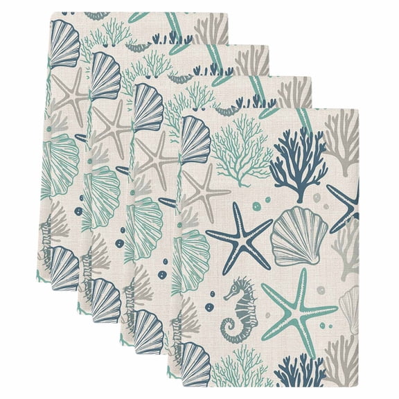 Blue Teal Coastal Kitchen Towels Set of 4,Absorbent Microfiber Dish Tea Towels with Hanging Loop,Summer Beach Starfish Coral Nautical Rustic Resuable Hand Towel for Home Kitchen Cleaning 18"x28"