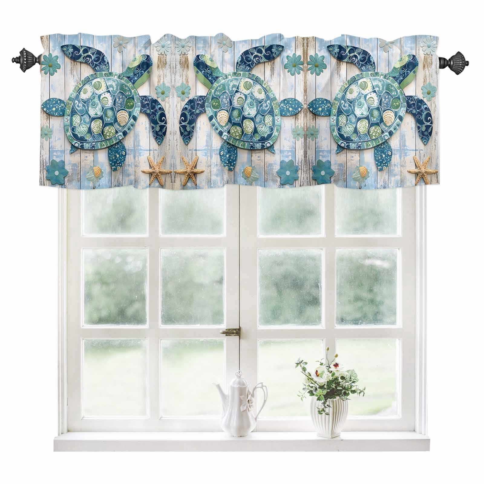 Blue Teal Coastal Kitchen Valances for Windows 60x18 Inch Kitchen ...