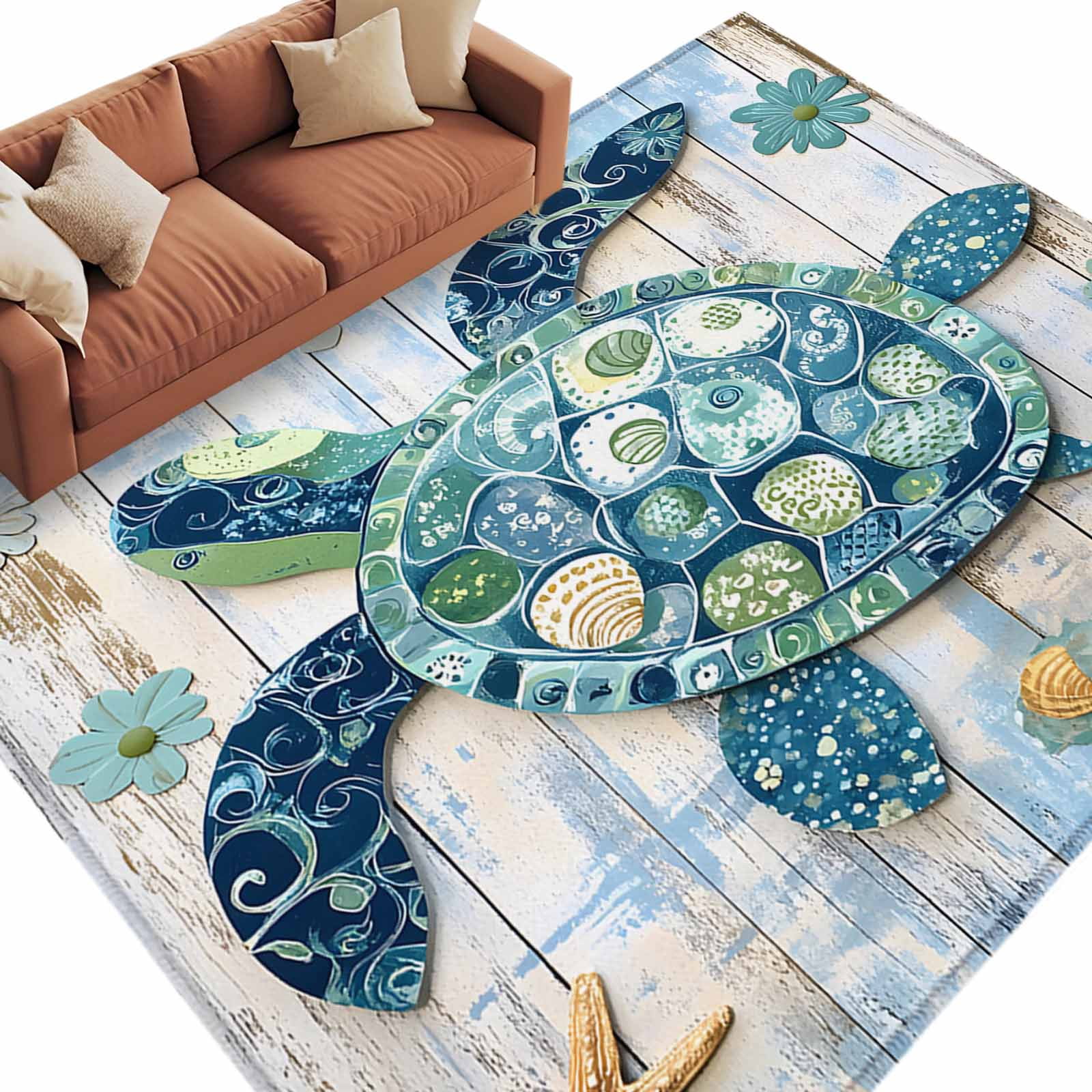 Turtle Themed Rug Blue Teal Coastal Large Area Rugs for Bedroom Living Room, Soft Non ...