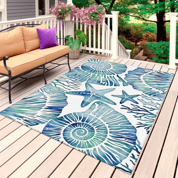 Blue Teal Coastal Outdoor Rug for Patio/Deck/Porch, Non-Slip Large Area Rug 6 x 9 Ft, Summer Beach Nautical Starfish Shell Coral Indoor Outdoor Rugs Washable Area Rugs, Camping Rug Carpet Runner
