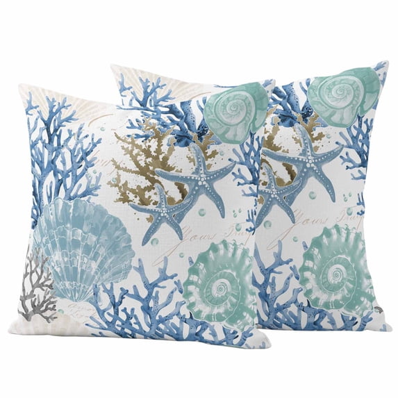 Blue Teal Coastal Outdoor Waterproof Pillow Covers, Summer Beach Nautical Coral Starfish Decorative Square Throw Pillowcase Sofa Cushion Sham for Patio/Couch/Chair, 16"x16" 2 Pack