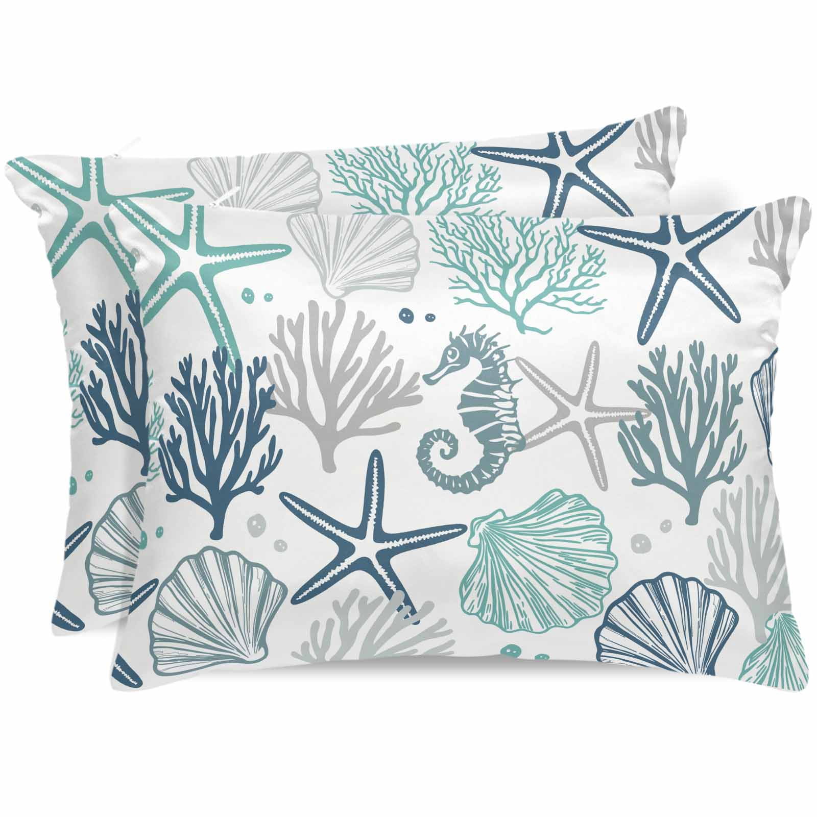 Blue Teal Coastal Pillow Cases Queen Size Set of 2, Smooth Satin Pillowcase for Hair and Skin, Summer Beach Starfish Coral Nautical Decorative Cooling Bed Pillow Covers with Zipper, 20x30 Inches