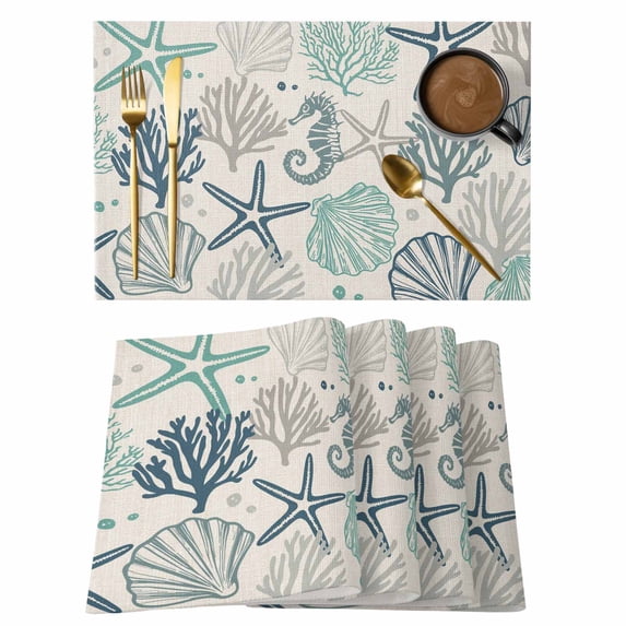Blue Teal Coastal Placemats Set of 4,Cotton Linen Fabric Place Mats,Summer Beach Starfish Coral Nautical Rustic Decorative Table Mats Protector for Home Kitchen Dining Wedding Party Coffee Tables