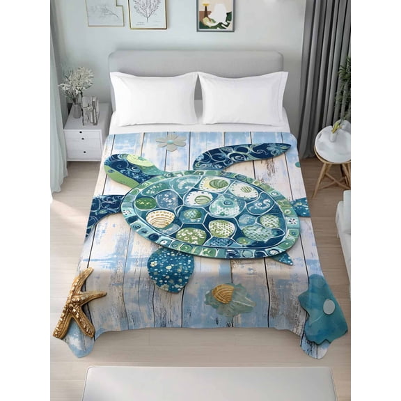 Blue Teal Coastal Queen Size Flat Sheet, Wrinkleproof & Fadeproof Cooling Flat Bed Sheet Only, Summer Beach Starfish Sea Turtle Breathable Soft Bedding Top Sheets 90 x 102 Inches