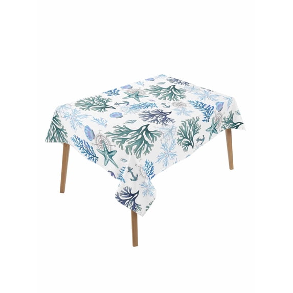 Blue Teal Coastal Rectangle Tablecloth, Coral Starfish Seaside Summer Beach Waterproof & StainResistant Tablecloth, Washable Oil-proof Table Cover for Dining/Party/Wedding/Camping/Buffet 52x70 In
