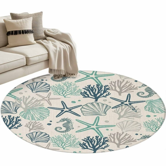 Blue Teal Coastal Round Area Rug 3 FT, Small Kitchen Bathroom Mat, Summer Beach Starfish Coral Nautical Rustic Washable Indoor Outdoor Throw Runner Carpet Doormat for Table Shower Sofa Entryway