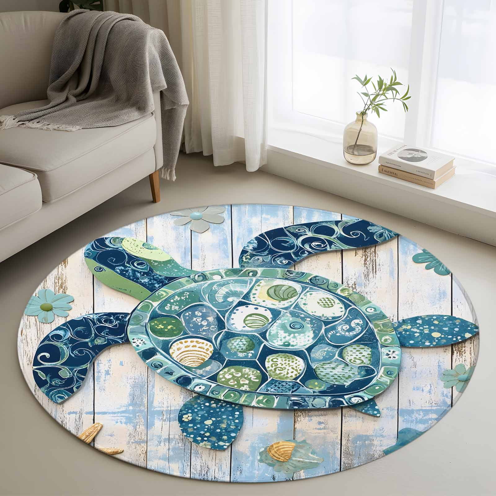 Blue Teal Coastal Round Area Rug 4 FT, Non Slip Indoor Outdoor Rug ...