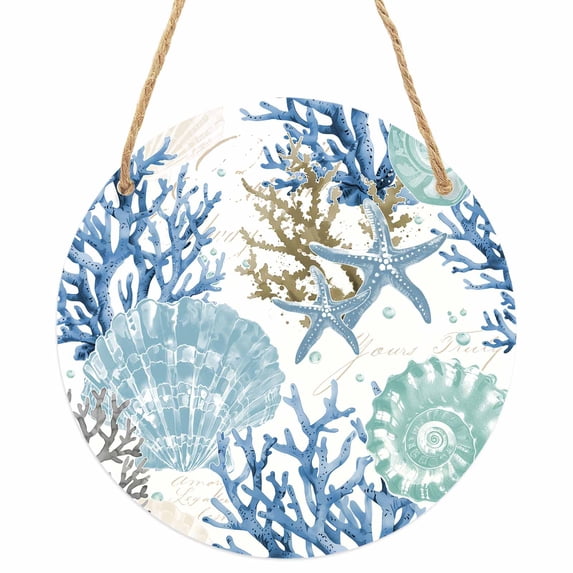 Blue Teal Coastal Round Front Door Welcome Sign, 5.9 Inch Wall Hanging Decor for Indoor Outdoor, Summer Beach Nautical Coral Starfish Home Porch Hanger Decorations for Holiday Gift