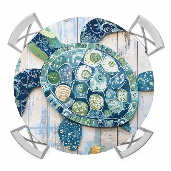 Blue Teal Coastal Round Tablecloth for 36-44 Inch Tables,Fitted Table Cover with Elastic Edge,Summer Beach Starfish Sea Turtle Waterproof Outdoor Table Cloth Protector for Patio Garden Dinner Picnic