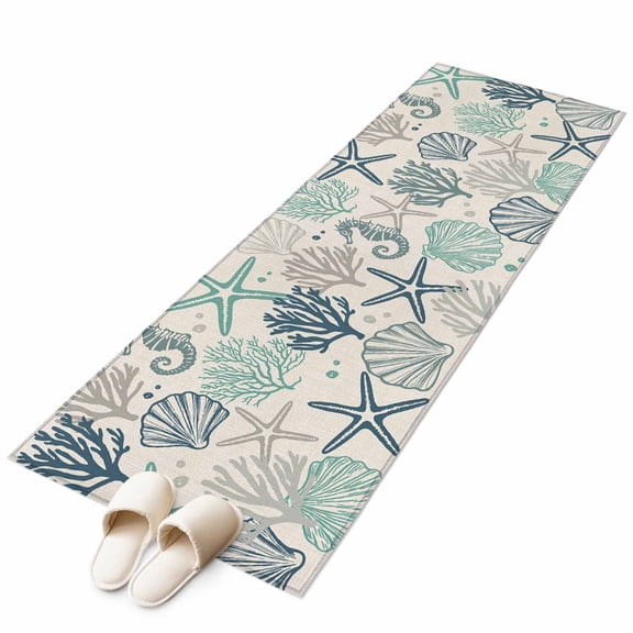 Blue Teal Coastal Runner Rug 2x6 FT, Non Slip Hallway Carpet, Summer Beach Starfish Coral Nautical Rustic Washable Floor Carpet Throw Runner Carpet Long Rug for Entryway Kitchen Bedside Sliding Door