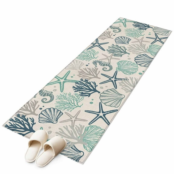 Blue Teal Coastal Runner Rug 2x6 FT, Non Slip Hallway Carpet, Summer Beach Starfish Coral Nautical Rustic Washable Floor Carpet Throw Runner Carpet Long Rug for Entryway Kitchen Bedside Sliding Door