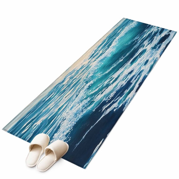 Blue Teal Coastal Runner Rug 2x6 Washable Kitchen Rug Non-Slip Lightweight Thin Soft Low Pile Bathroom Runner Sea Nautical Ocean Summer Beach Carpet for Hallway Laundry Room Bedroom Entryway