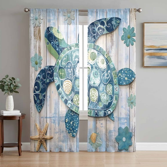 Blue Teal Coastal Sheer Curtains 72 Inch Length 2 Panels Set, Summer Beach Starfish Sea Turtle Voile Window Treatment Rod Pocket Curtains Sheers Drapes for Bedroom/Living Room/Kitchen 52"x72"x2