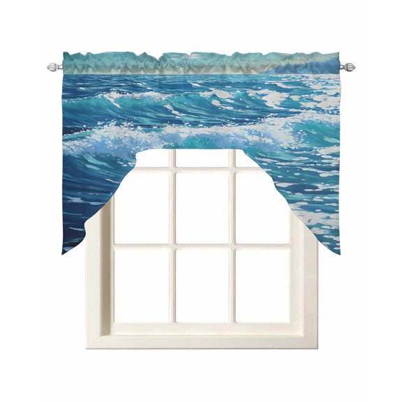 Blue Teal Coastal Swag Valances for Windows, Small Curtains Drapes, Sea Nautical Ocean Waves Summer Beach Kitchen Window Curtains Over Sink Window Treatment Valance for Bedroom/Bathroom 56"x36"