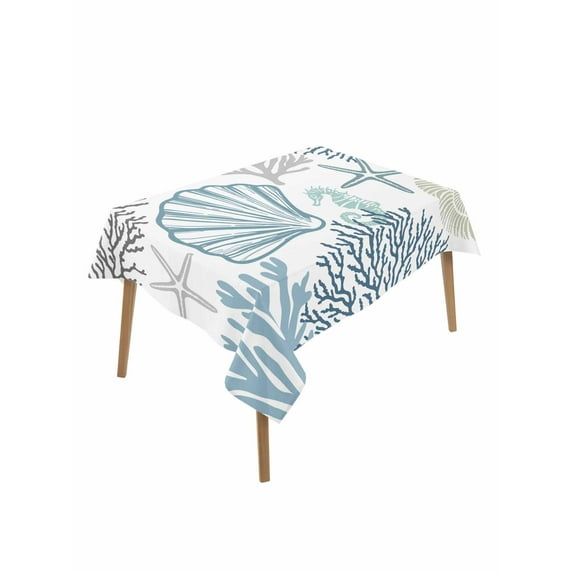 Blue Teal Coastal Table Cloth, Summer Beach Coral Shell Starfish Waterproof Tablecloth for Rectangle Tables, Reusable Washable Fabric Table Cover for Restaurant Kitchen Dining Tables 52"x70"