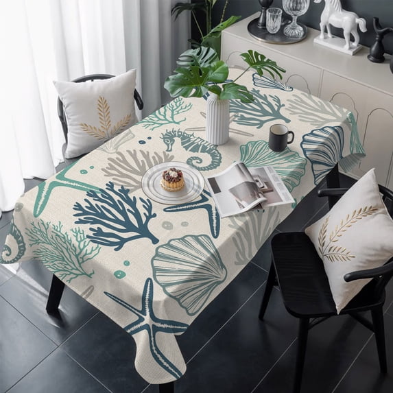 Blue Teal Coastal Table Cloth Waterproof Tablecloths, Summer Beach Starfish Coral Nautical Rustic Tablecloth Dining Table Cover for Kitchen Party Tabletop Outdoor, Rectangle Tablecloth 54x108 Inch