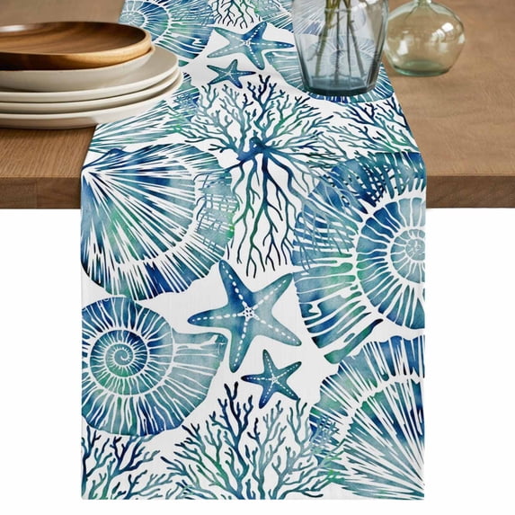 Blue Teal Coastal Table Runner 90 Inches, Summer Beach Nautical Starfish Shell Coral Bed Runner Dresser Scarves Tabletop for Indoor Outdoor Parties/Ceremony/Banquet, 13" x 90"