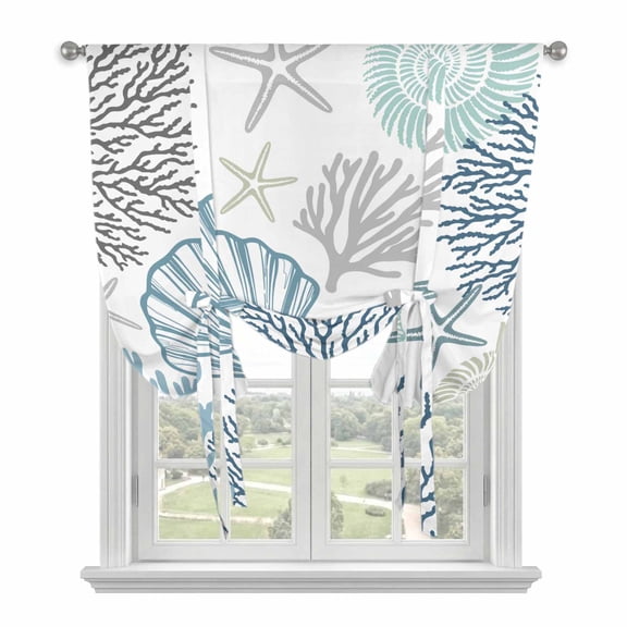 Blue Teal Coastal Tie Up Curtains for Kitchen Windows,Adjustable Rod Pocket Valance 45 Inch Short, Summer Beach Coral Shell Starfish Window Treatment Balloon Roman Blind Shade, 42" x 45"