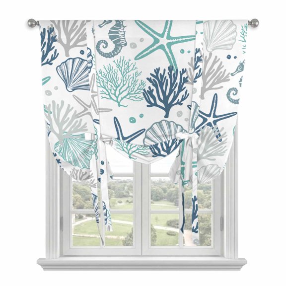 Blue Teal Coastal Tie Up Curtains for Kitchen Windows,Adjustable Rod Pocket Valance 45 Inch Short, Summer Beach Starfish Coral Nautical Window Treatment Balloon Roman Blind Shade, 52" x 45"