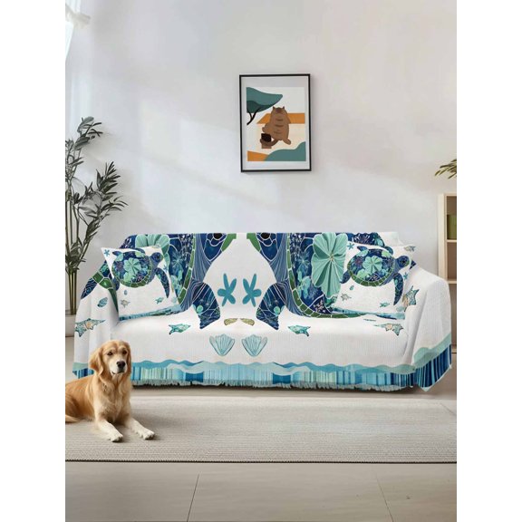 Blue Teal Coastal Turtle Couch Cover, Summer Beach Starfish Nautical Sofa Cover Blanket for 3 Cushion Couch,Sectional Sofa Slipcover Furniture Protector for Living Room Bedroom 71''x134''