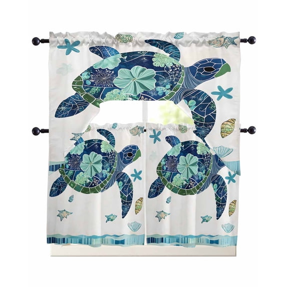 Blue Teal Coastal Turtle Kitchen Curtain and Valance Set 3 Pieces,Rod ...