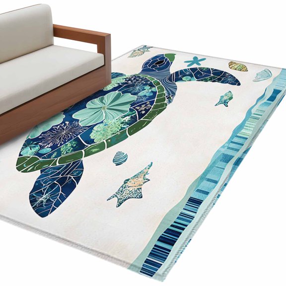 Blue Teal Coastal Turtle Large Area Rugs for Bedroom Living Room, Soft Non Slip Carpet Bedside Rug, Summer Beach Starfish Nautical Rectangular Floor Cover Kitchen Accent Rug 3'x5' for Office