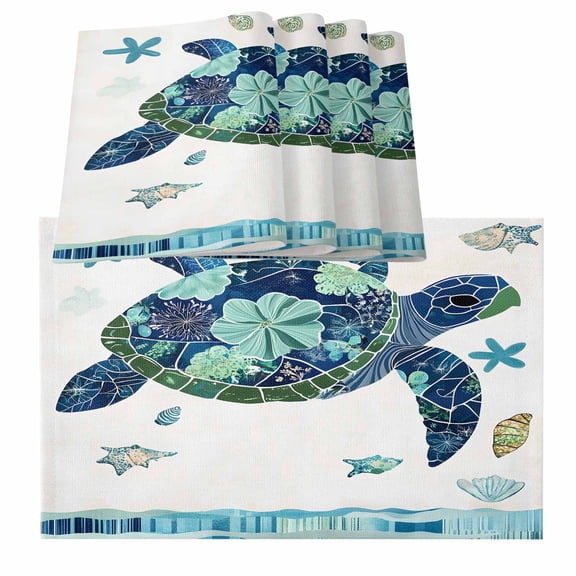 Blue Teal Coastal Turtle Placemats for Dinning Table Set of 4, Summer Beach Starfish Nautical Burlap Kitchen Place Mats Waterproof Cloth Table Mats, Indoor Outdoor Placemats Easy Clean Dinner Decor