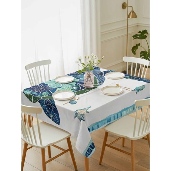 Blue Teal Coastal Turtle Tablecloth Rectangle Table Cloth 60x84, Waterproof Tablecloth Outdoor Table Cloth, Summer Beach Starfish Nautical Washable Table Cover for Kitchen Dinning Party
