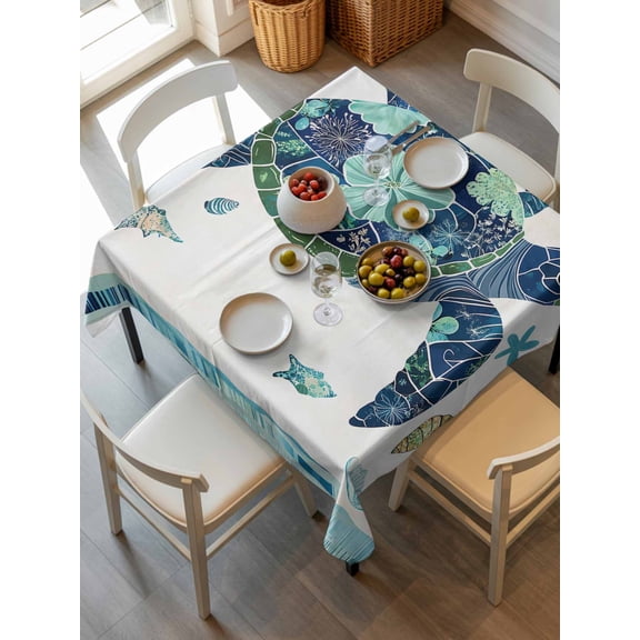 Blue Teal Coastal Turtle Tablecloth Square Table Cloth 54x54, Waterproof Tablecloth Outdoor Table Cloth, Summer Beach Starfish Nautical Washable Table Cover for Kitchen Dinning Party
