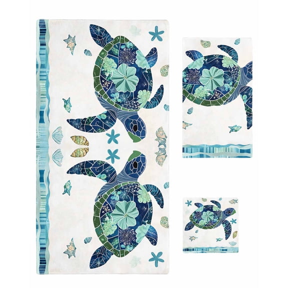 Blue Teal Coastal Turtle Towel Set of 3, Soft Microfiber Bath Towels, Hand Towel, Washcloths, Summer Beach Starfish Nautical Quick-Dry Absorbent Towels for Bathroom Kitchen Hotel Beach Gym Spa