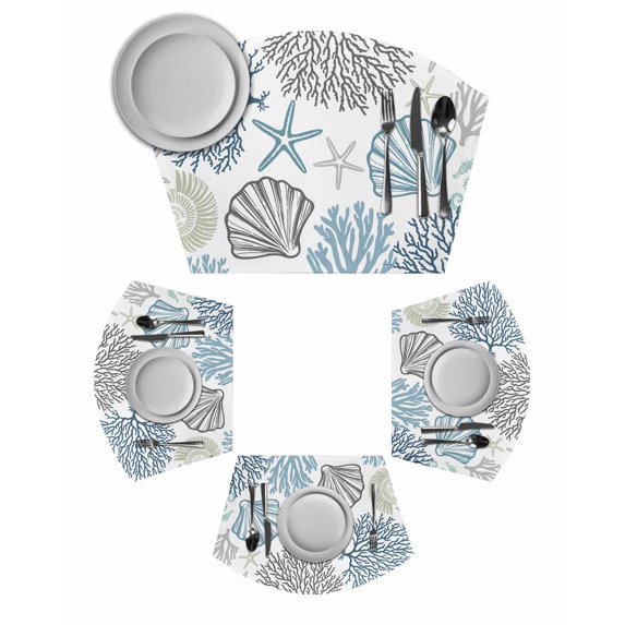 Blue Teal Coastal Wedge Shaped Placemats Set of 2, Cotton Linen Fan Place Mats, Summer Beach Coral Shell Starfish Washable Table Mats for Holiday Wedding Party Dinning Coffee Tables 11.8"x17.5"