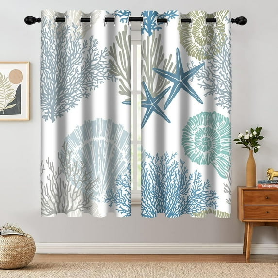 Blue Teal Coastal Window Curtains, Beach Nautical Starfish Coral Window Drapes Blackout Treatment Darkening Thermal Insulated Grommet for Living Room Bedroom Decor 2 Panels 52x63 Inches