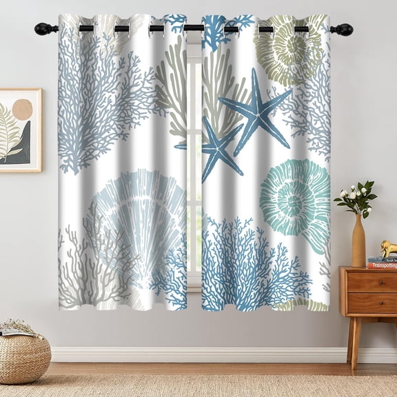 Blue Teal Coastal Window Curtains, Beach Nautical Starfish Coral Window Drapes Blackout Treatment Darkening Thermal Insulated Grommet for Living Room Bedroom Decor 2 Panels 52x63 Inches