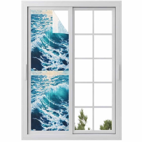 Blue Teal Coastal Window Privacy Film, Sea Nautical Ocean Summer Beach Static Cling UV Sun Blocking Heat Control Window Tint Day and Night, Non-Adhesive One Way Windows Privacy Cover 17.7''x78.7''