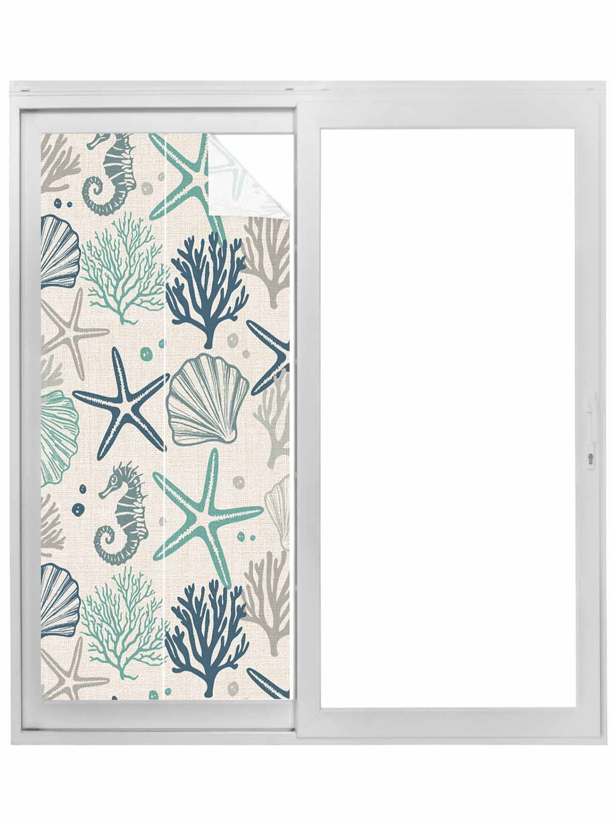 Blue Teal Coastal Window Privacy Film, Summer Beach Starfish Coral ...
