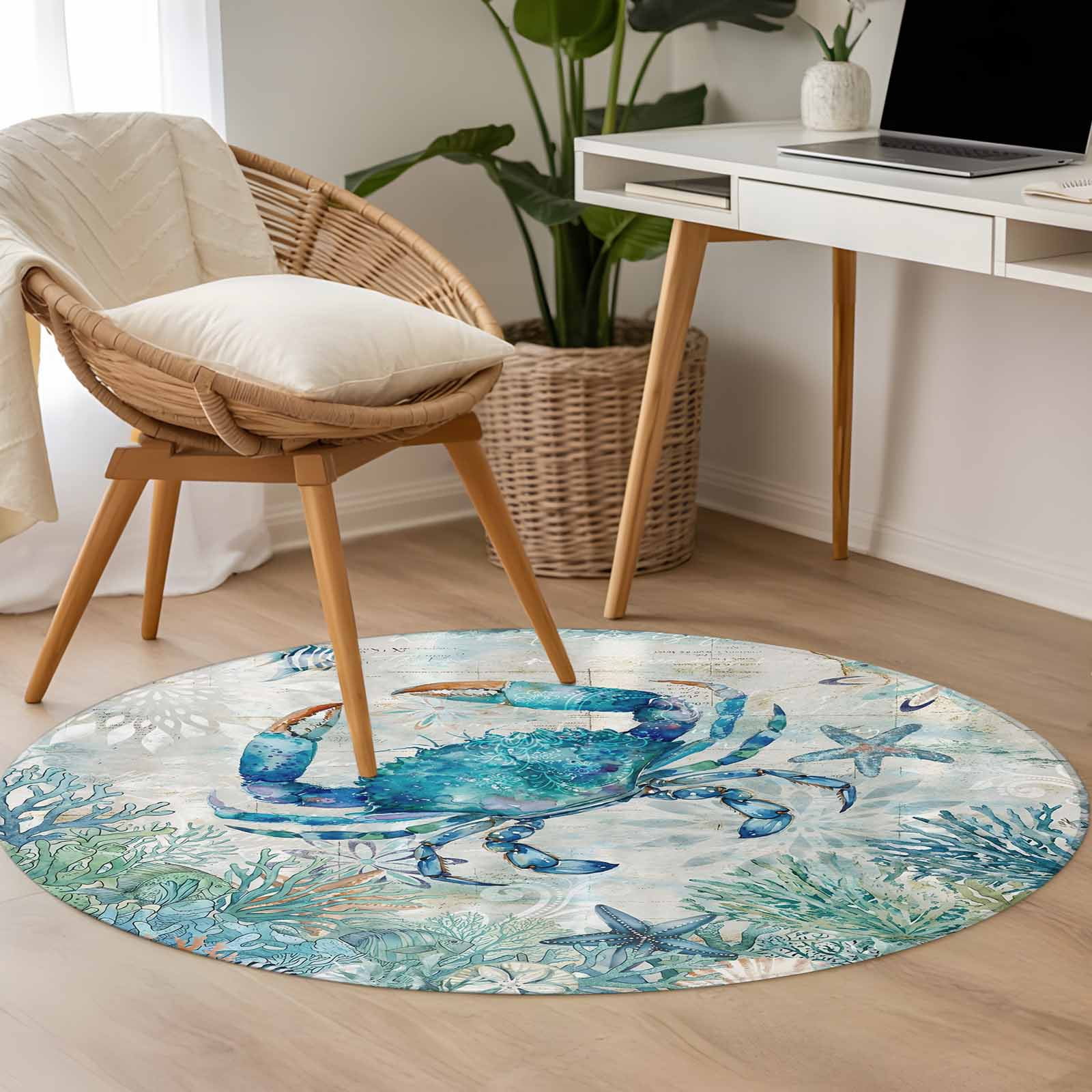 Blue Teal Crab Coastal 3.3ft Round Rug for Bedroom Reading Corner ...