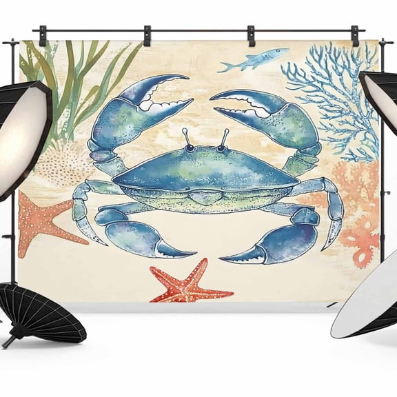 Blue Teal Crab Coastal Backdrop for Photography,Fabric Photo Background Backdrop,Nautical Beach Coral Starfish Photo Booth Background for Portrait Photoshoot Video Wedding Studio Decor Banner 7x5ft
