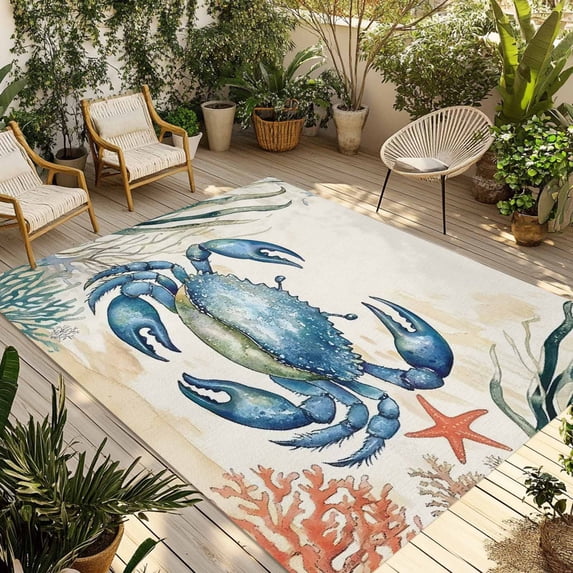 Blue Teal Crab Coastal Outdoor Rug 4x6 Ft - Reversible Patio Rug Outdoor Camping Rugs, Nautical Coral Starfish Beach Washable Indoor Outdoor Area Rugs, Non-Slip Outdoor Carpet Runner for Deck/Porch