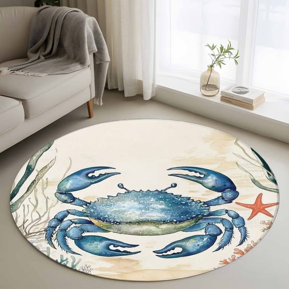 Blue Teal Crab Coastal Round Rug 3ft Washable Circle Entryway Rugs Non Slip Nautical Coral Starfish Beach Area Rug Indoor Floor Carpet for Bedroom Kitchen Living Room Home Office Dining Room Nursery