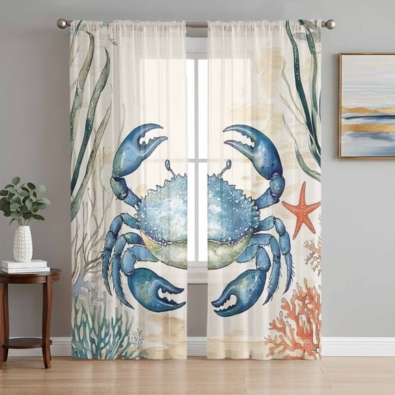 Blue Teal Crab Coastal Sheer Curtains 72 Inch Length 2 Panels Set, Nautical Coral Starfish Beach Voile Window Treatment Rod Pocket Curtains Sheers Drapes for Bedroom/Living Room/Kitchen 52"x72"x2