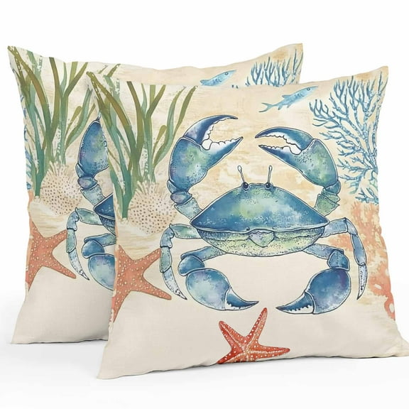 Blue Teal Crab Coastal Waterproof Outdoor Throw Pillow Covers 18''x18'' Pack 2, Pillow Cases Throw Cushion Cover with Zipper, Nautical Beach Coral Starfish Washable Pillowcase for Poolside Sofa