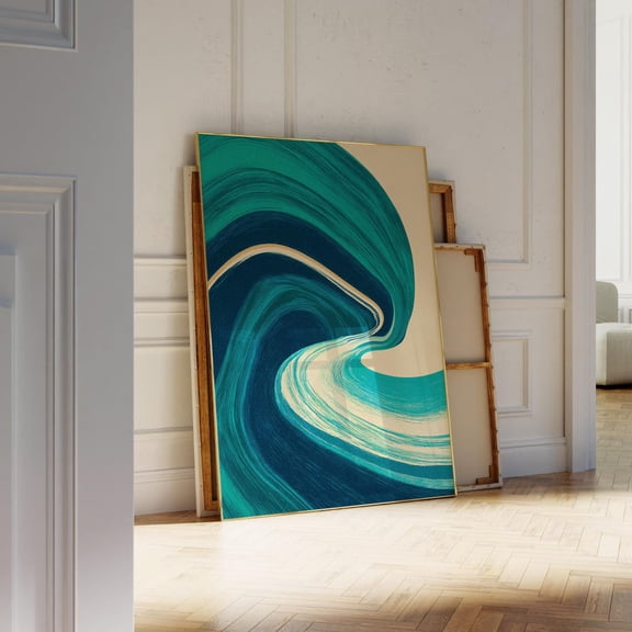 Blue Teal Curved Wave Minimal Abstract Wall Art, Stretched Canvas Size 8x12
